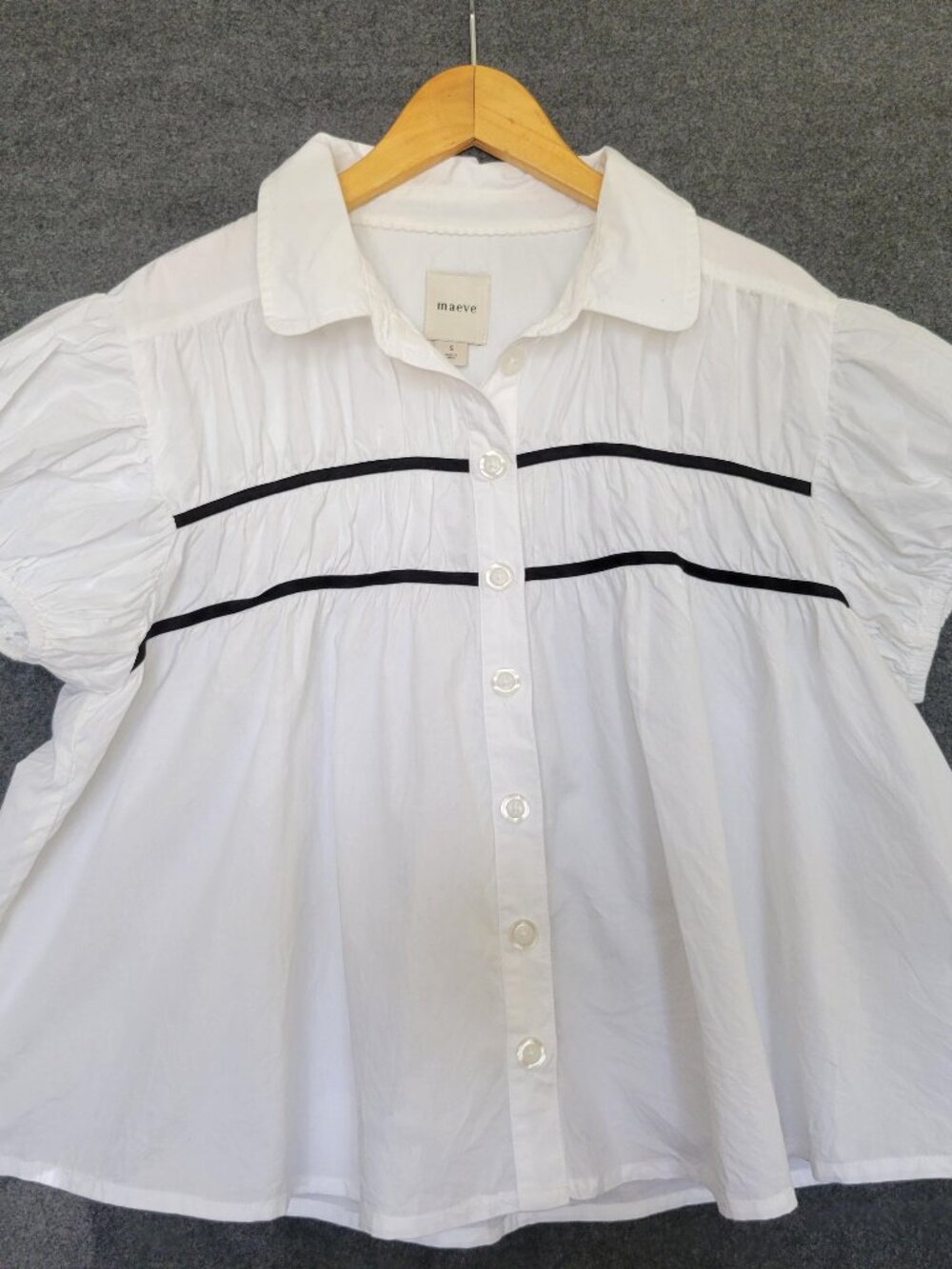 Maeve White Button-Front Blouse with Black Trim